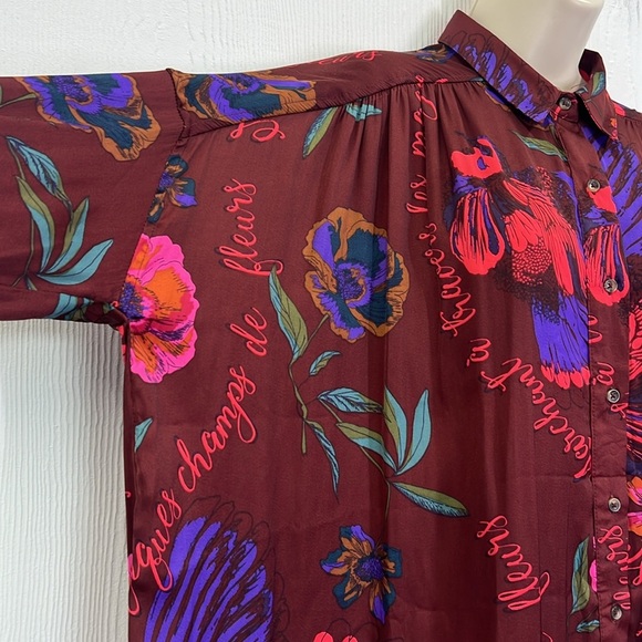 Free People - Silky NIghts Fun Print  Button Down Long Sleeve Oversized Blouse S - Picture 5 of 11